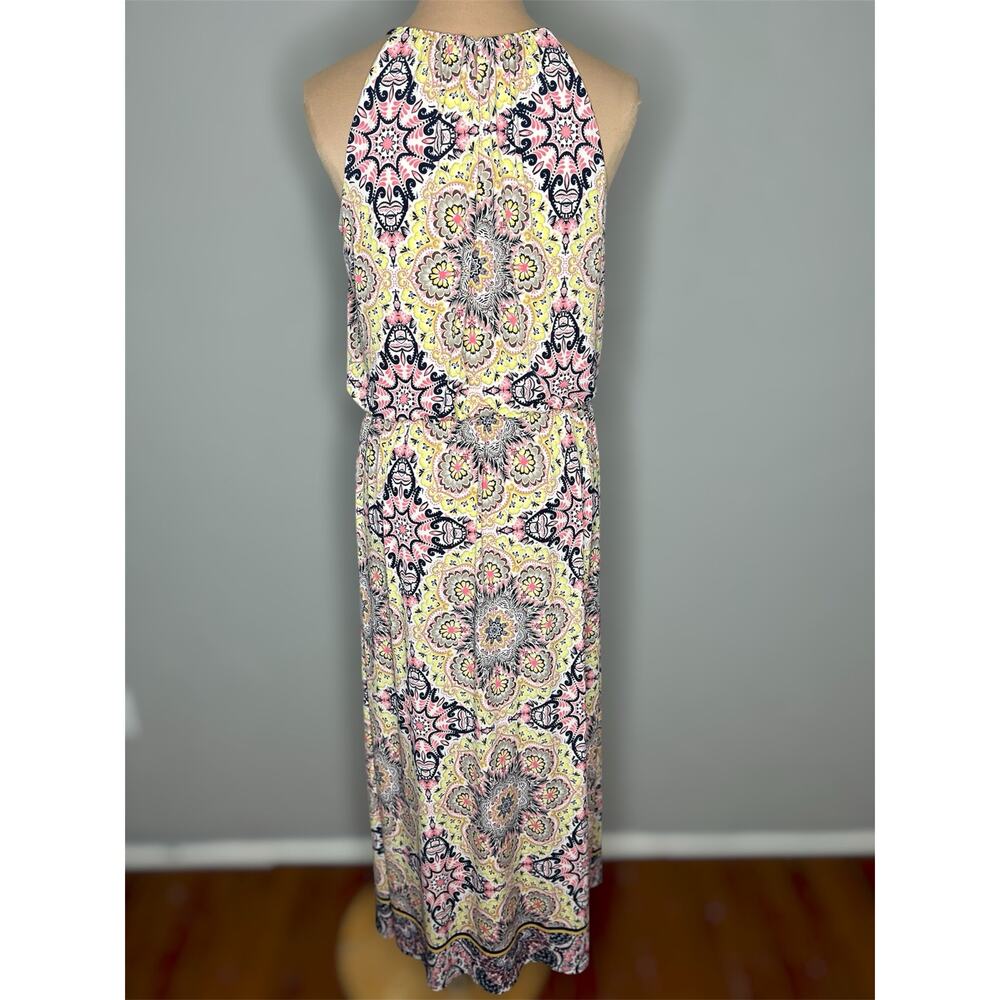 London Times Midi Dress 10 Womens Medallion Boho Halter Blouson Floral Jersey - Picture 3 of 8